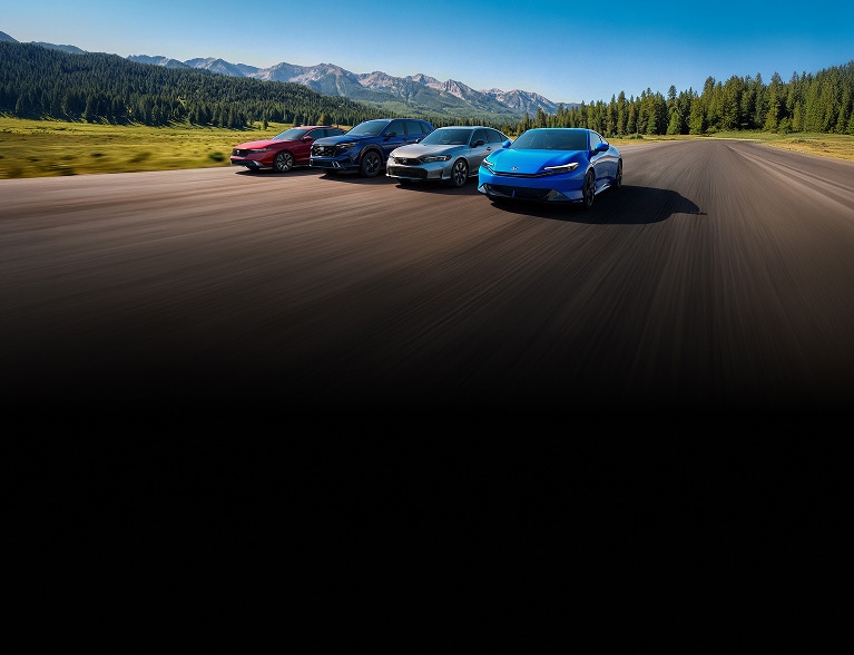 2027 Honda Electrification lineup, showing Civic Sedan, CR-V and Accord, driver's view cruising alone a road.