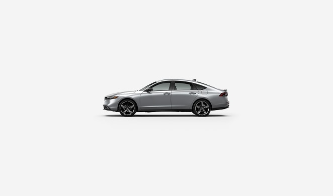 2026 Honda Accord Sport Hybrid in Solar Silver Metallic profile parked in a clean white studio setting (Mid-Size Sedan).