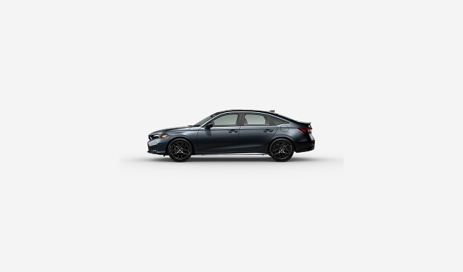 2026 Honda Civic Sedan Sport Hybrid in Meteorite Gray Metallic profile parked in a clean white studio setting (Compact Sedan). 