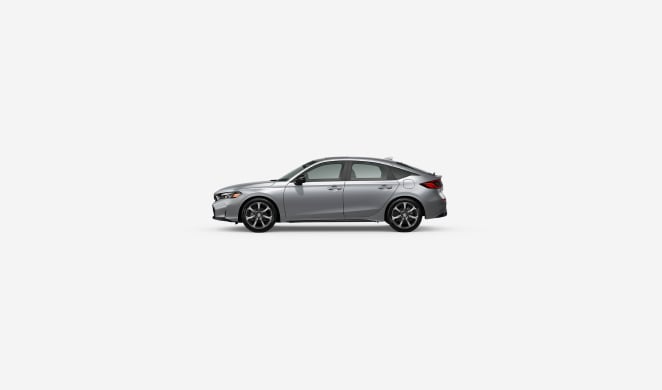 2026 Honda Civic Hatchback Sport Hybrid in Solar Silver Metallic profile parked in a clean white studio setting (Compact Hatchback). 