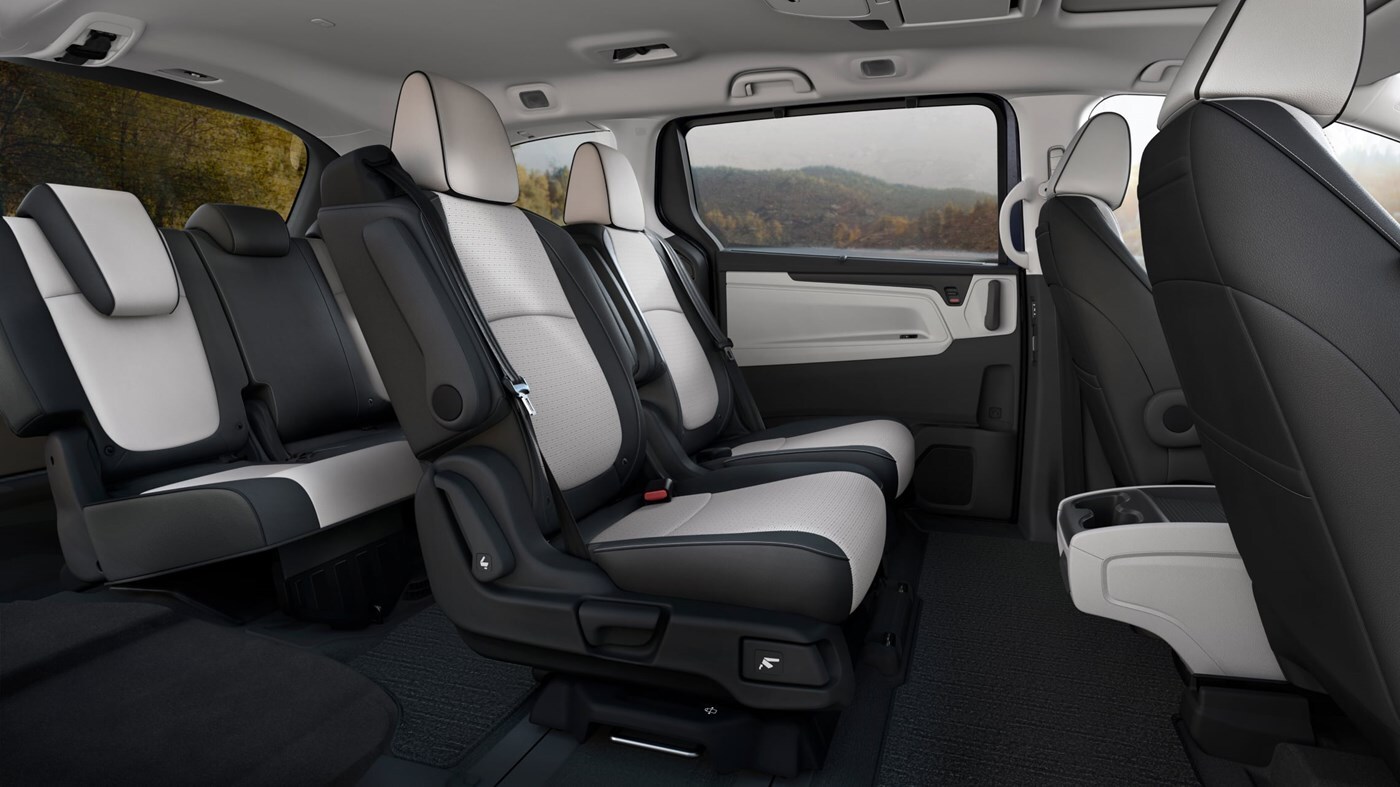 Leather-trimmed second- and third-row seating inside a 2026 Honda Odyssey Elite