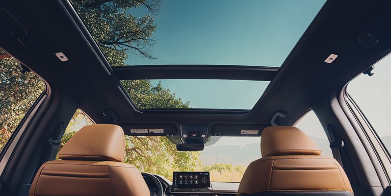 2026 Passport TrailSport Elite with brown interior. Moonroof is opened, allowing to see the landscape.  