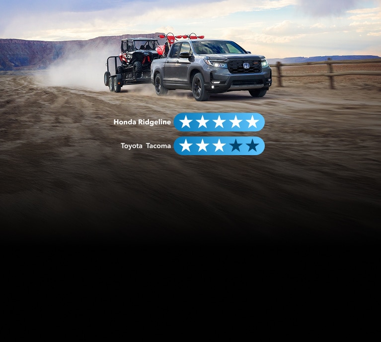 2026 Honda Ridgeline Trailsport in Modern Steel Metallic drives through a dirt field, carrying 2 dirt bikes in the flat bed and towing a Honda Talon on a trailer.