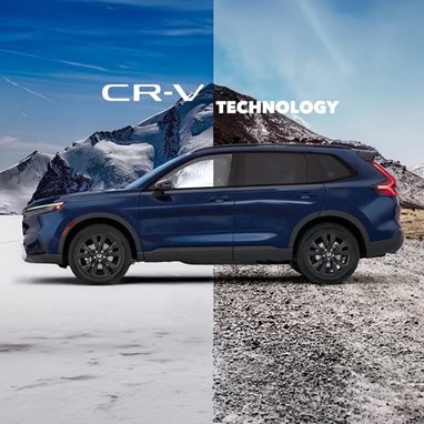 2027 Honda CR-V in Canyon River Blue Metallic profile parked in snow and mountain terrain (Compact Crossover SUV).