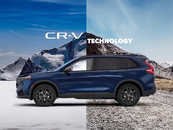 2027 Honda CR-V in Canyon River Blue Metallic profile parked in snow and mountain terrain (Compact Crossover SUV).