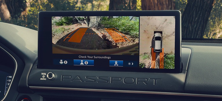 2027 Honda Passport TrailSport Elite detail of the TrailWatch camera system on the infotainment screen (Mid-Size SUV).