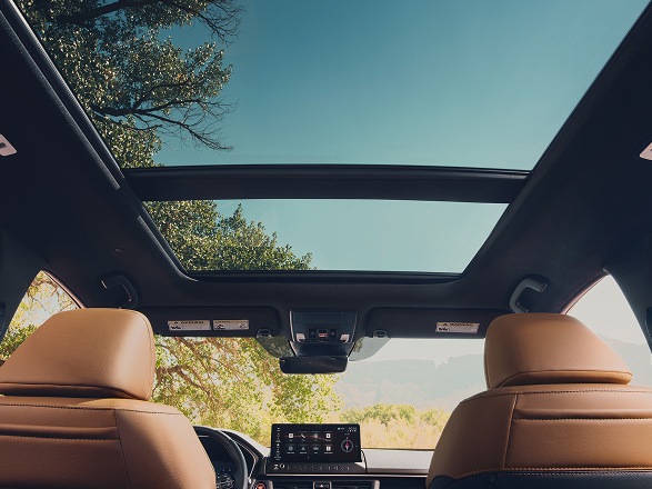 2027 Honda Passport TrailSport Elite panoramic sunroof and brown leather seats from the back seat (Mid-Size SUV).