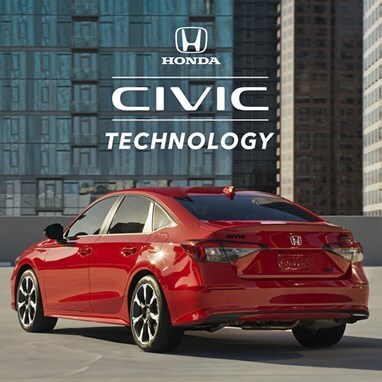 2027 Honda Civic Sedan Sport Touring Hybrid in Rallye Red back parked on a city rooftop with buildings (Compact Sedan).