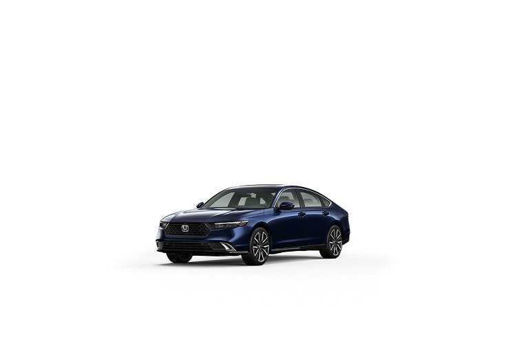2026 Honda Accord Touring Hybrid in Canyon River Blue Metallic, three-quarter view, in a professional studio environment (Mid-Size Sedan).