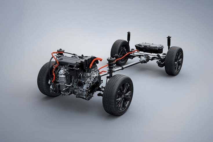2026 Honda detail of the hybrid powertrain, engine, and all-wheel drive chassis system. 2026 Honda detail of the hybrid powertrain, engine, and all-wheel drive chassis system.