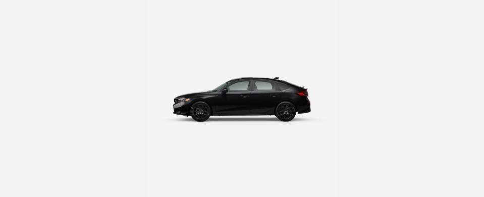 2027 Honda Civic Hatchback Sport Hybrid in Crystal Black Pearl profile parked in a clean white studio setting (Compact Hatchback).